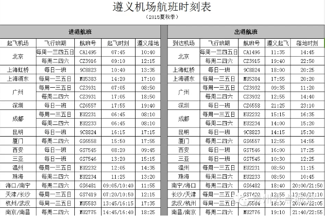 遵義新舟機場航班信息 